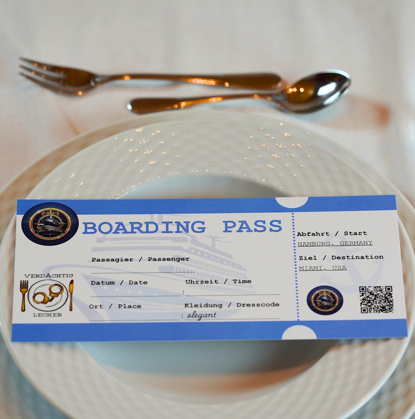 Krimidinner Schmuggler Kreuzfahrt Tischkarte